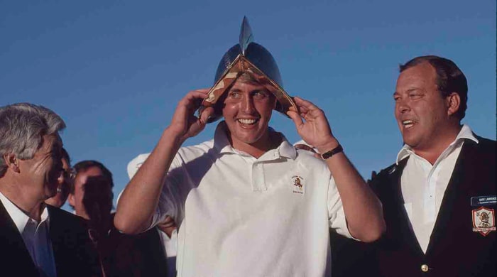 Phil Mickelson is pictured donning the winner's helmet after the 1991 Northern Telecom Open.